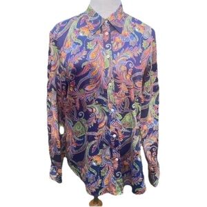 Lauren Ralph Lauren Womens Button Up Shirt Paisley Long Sleeve Blouse Top Large